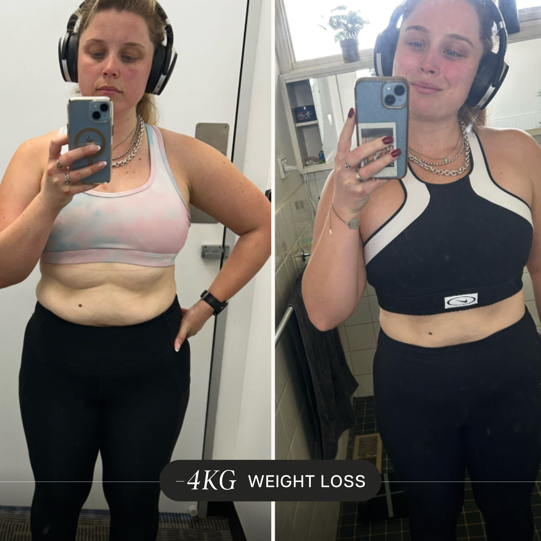 Before and after weight loss transformation of a person wearing sports bras and leggings.