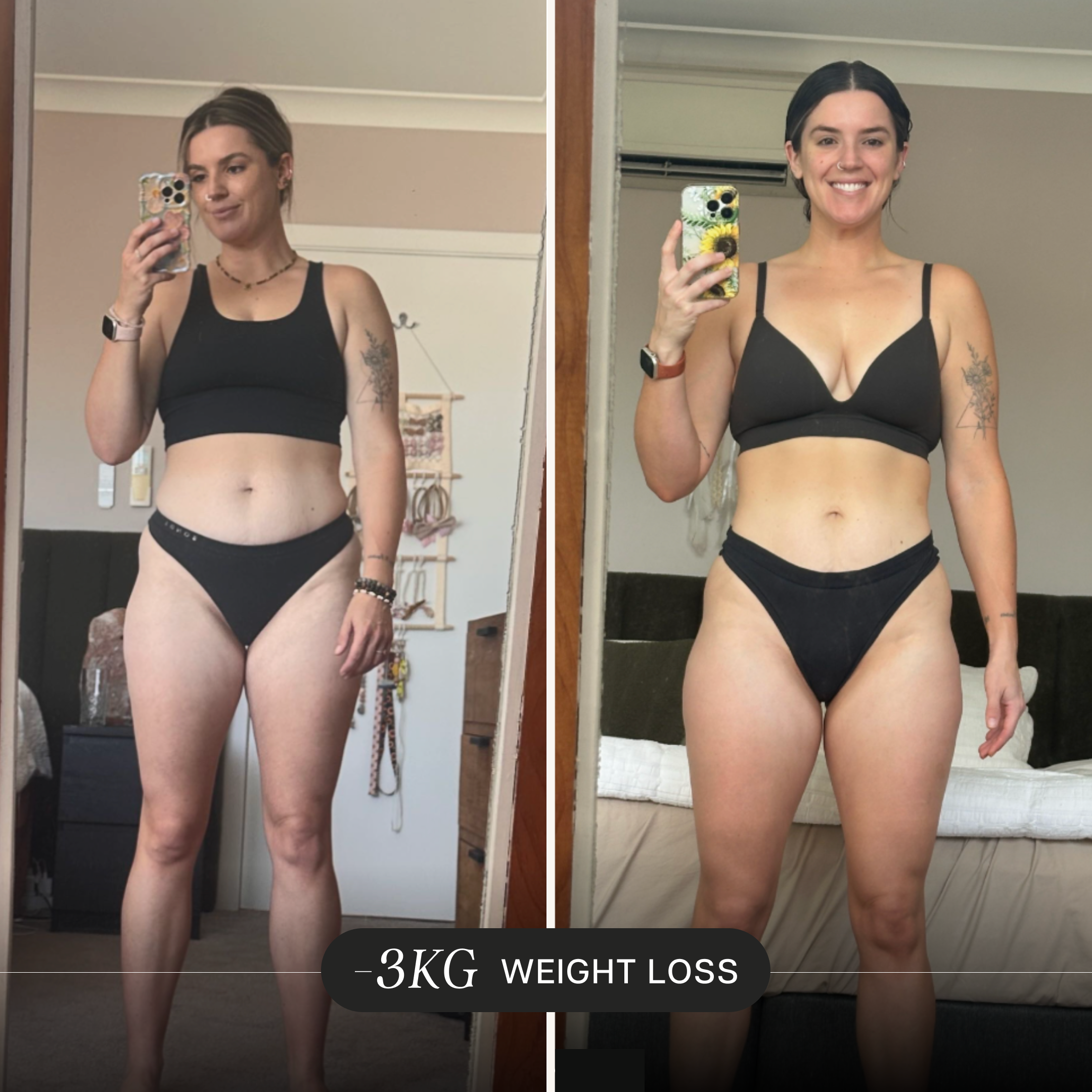 Before and after weight loss transformation of a person wearing black lingerie.
